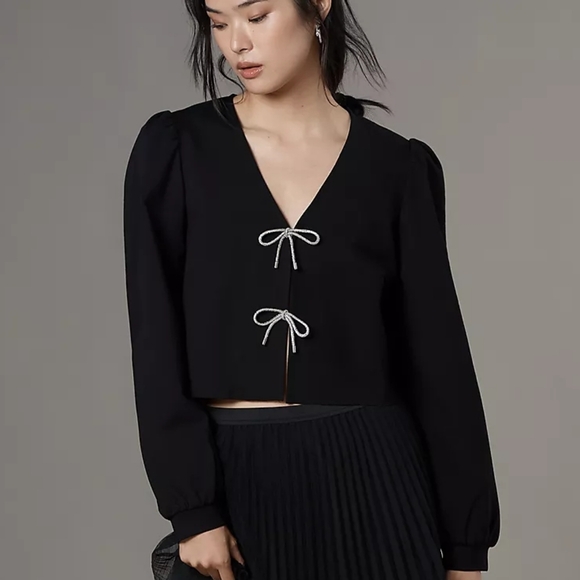 dolan Sweaters - Dolan Black Left Coast Rhinestone Bow-Front Cardigan Top - Women's Medium